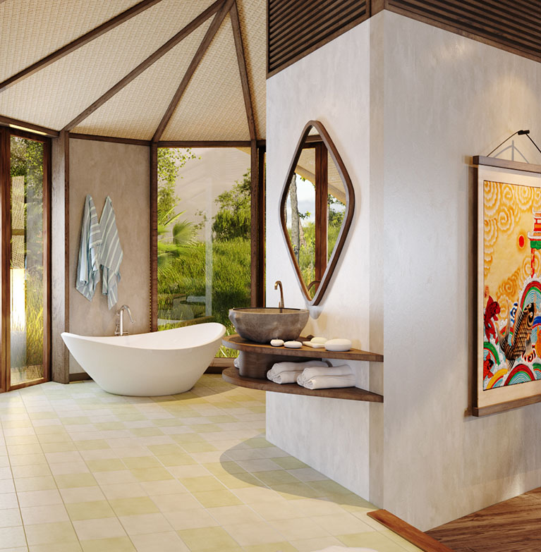 Tranquil scene in the bathroom, showcasing sustainable architectural design and harmonious integration with nature