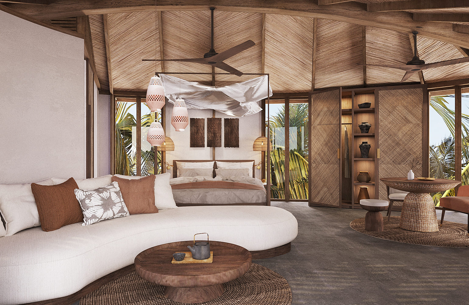 kanopya-lodge-cabin-tent-bungalow-hospitality-luxury-sustainable-canvas-thatch-roof-wood-timber-prefab-resort-ecolodge-ferrari-tensile-interior-design-river-nipa-wood