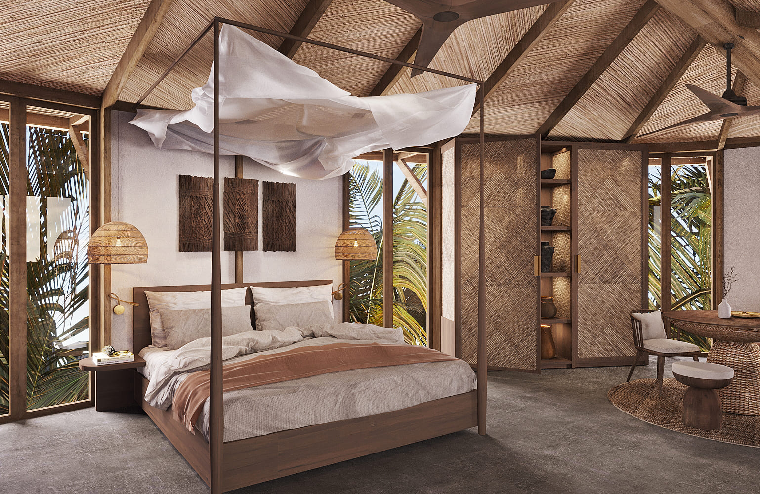 kanopya-lodge-cabin-tent-bungalow-hospitality-luxury-sustainable-canvas-thatch-roof-wood-timber-prefab-resort-ecolodge-ferrari-tensile-interior-design-river-nipa-wood