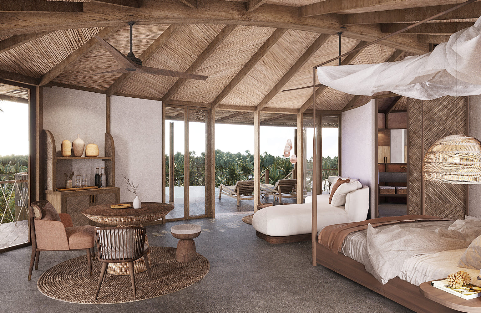 kanopya-lodge-cabin-tent-bungalow-hospitality-luxury-sustainable-canvas-thatch-roof-wood-timber-prefab-resort-ecolodge-ferrari-tensile-interior-design-river-nipa-wood